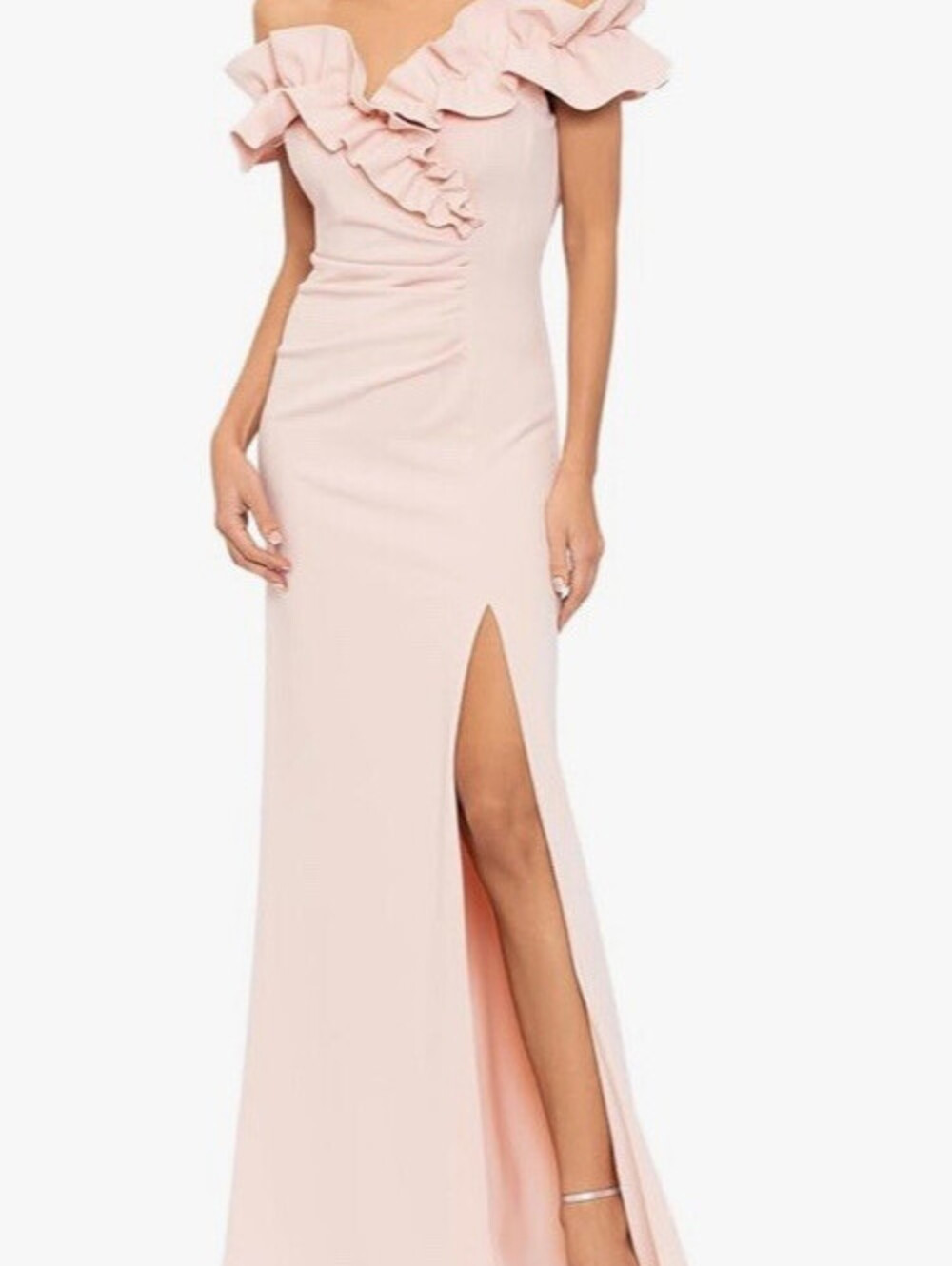 Xscape Womens Long Stretch Scuba Crepe Ruffle Collar Ruched Dress Evening Size 8